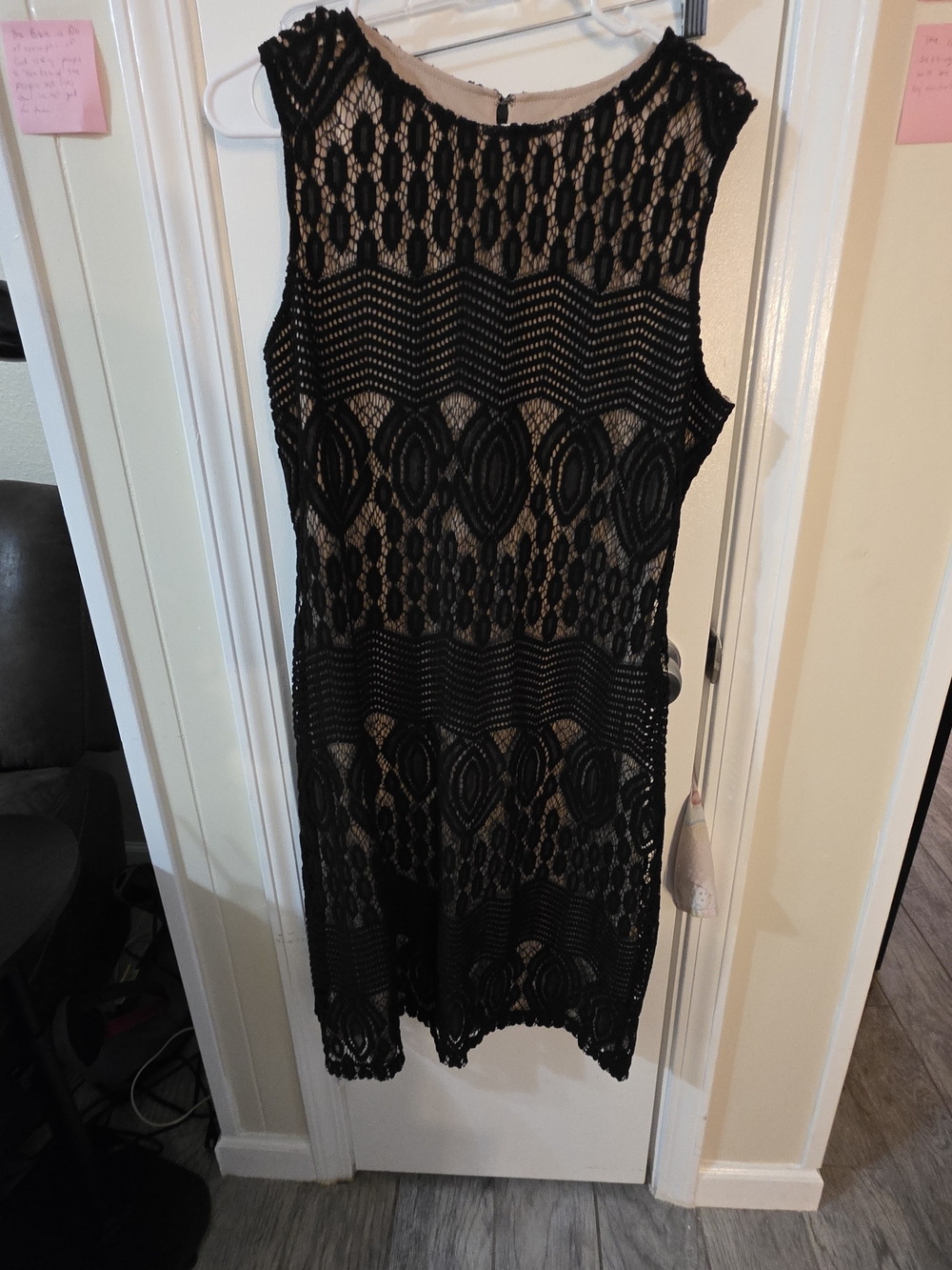 Sharagano Black Lace Mini Dress with Nude Lining